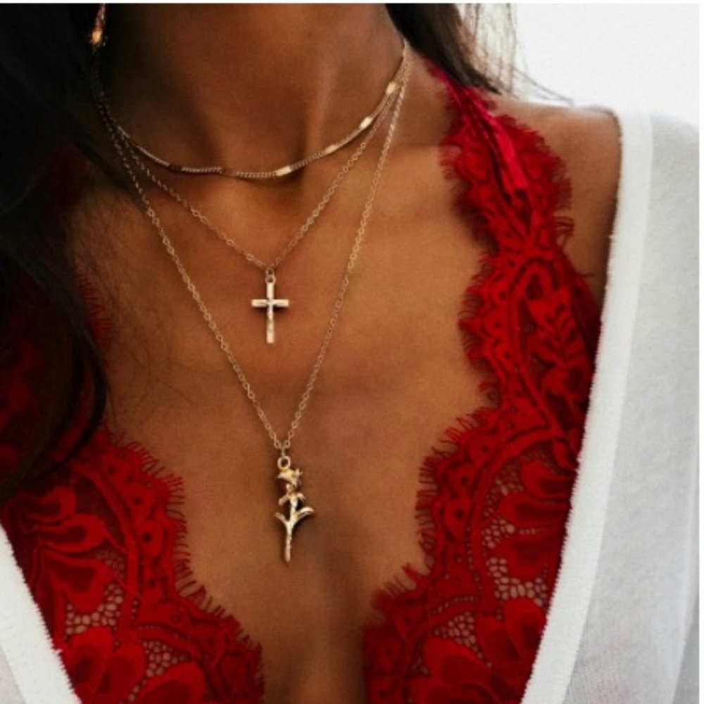 Beautiful Cross Rose 3 Strand Gold Necklace - Picture 1 of 2